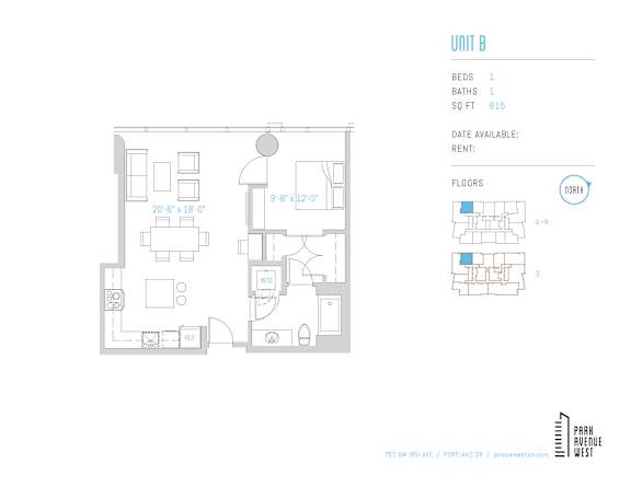 One bedroom one bathroom floor plan layout at Park Avenue West Apartments, Portland, 97205