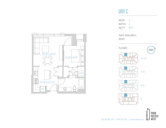 Floor Plan  A diagram of a floor plan for a unit with a kitchen, living room, and bedrooms.