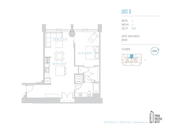 One bedroom one bathroom floor plan unit d at Park Avenue West Apartments, Portland