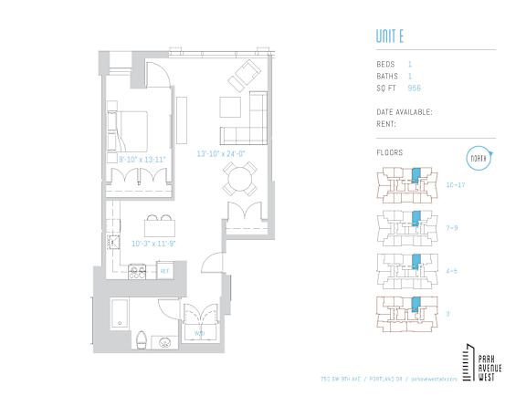 One bedroom floor plan with living and dining areas at Park Avenue West Apartments, Oregon
