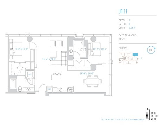 Two bedroom two bath floor plan 1352 square feet at Park Avenue West Apartments, Oregon, 97205