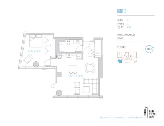 One bedroom one bathroom floor plan at Park Avenue West Apartments, Portland, OR 97205