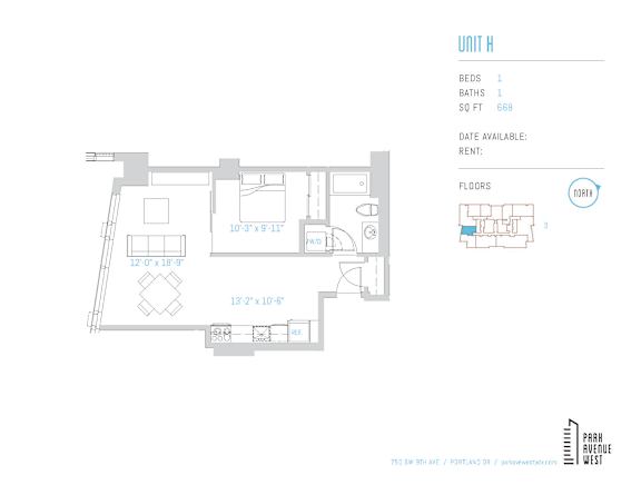 A floor plan for a unit with a kitchen, living room, and two bedrooms.