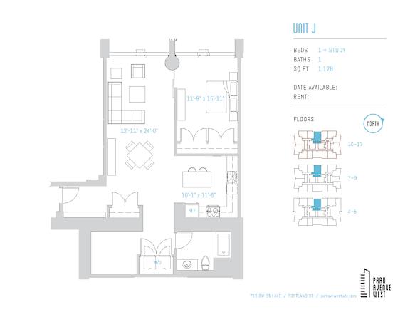 Floor Plan  A diagram of a floor plan for a unit with a kitchen, living room, and bedrooms.