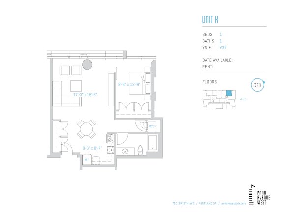 1 bedroom one bathroom floor plan unit h at Park Avenue West Apartments, Portland, Oregon