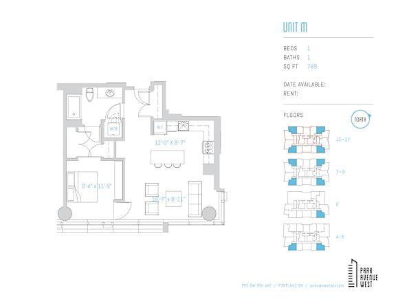 One bedroom floor plan unit m 789 square feet at Park Avenue West Apartments, Oregon