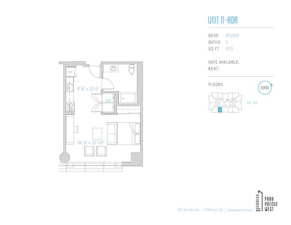 A floor plan for a unit at 7 Parr Mews West shows a studio apartment with one bed, one bath, and 673 square feet of living space.