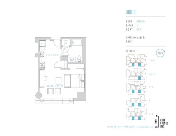 A floor plan of a unit with a studio bathroom and 1 bedroom.