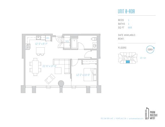 One bedroom one bathroom floor plan 895 square feet at Park Avenue West Apartments, Portland, OR