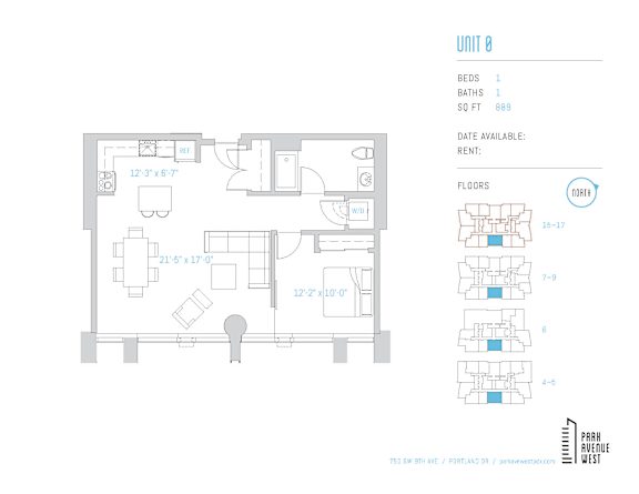 One bedroom floor plan 895 square feet at Park Avenue West Apartments, Portland, 97205