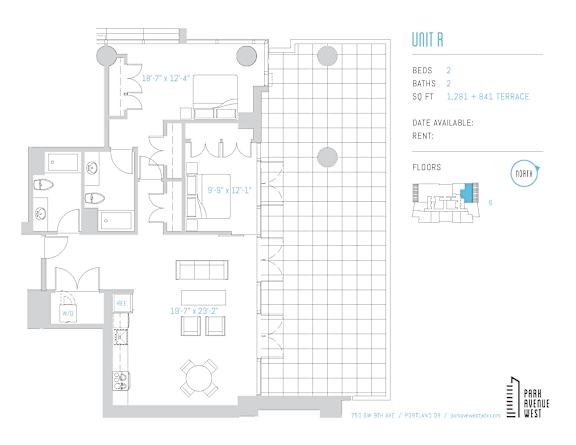 Two bedroom floor plan with 841 square foot terrace at Park Avenue West Apartments, Portland