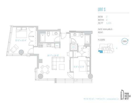 A floor plan of a unit with two bedrooms, two bathrooms, and a living room.