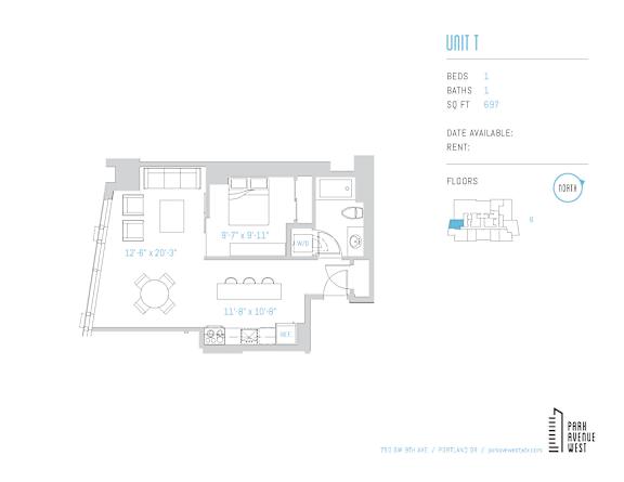 One bedroom floor plan unit t 697 square feet at Park Avenue West Apartments, Oregon, 97205