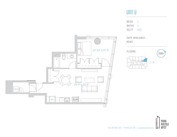 One bedroom one bathroom floor plan 822 square feet at Park Avenue West Apartments, Portland, OR 97205