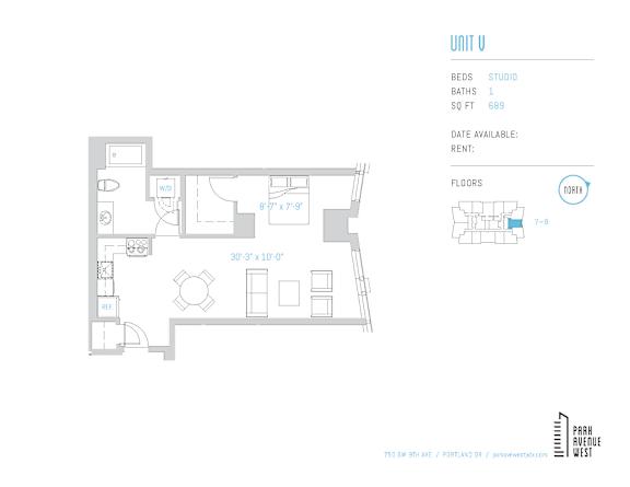 A floor plan for a unit with a studio layout, featuring one bathroom, a kitchen, and a living room.