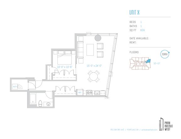 One bedroom floor plan 835 square feet at Park Avenue West Apartments, Portland, 97205