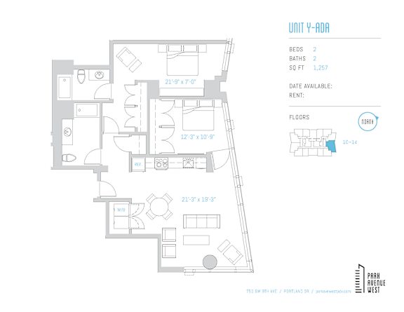 A floor plan for a unit with two bedrooms and two bathrooms is shown.