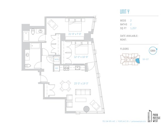A floor plan for a unit with two bedrooms and two bathrooms is shown.