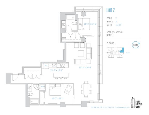 Two bedroom floor plan with balcony 1407 square feet at Park Avenue West Apartments, Oregon