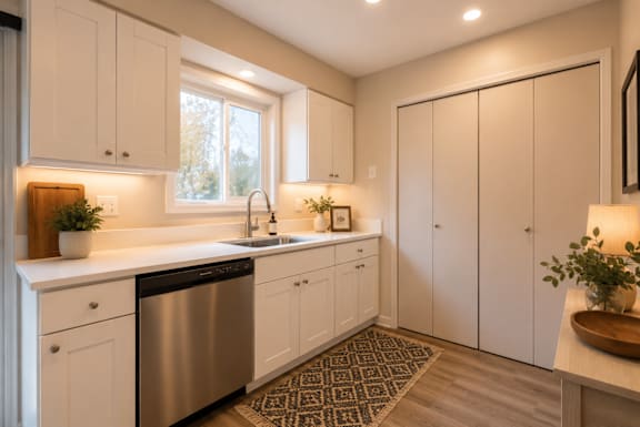 A kitchen with white cabinets and a stainless steel dishwasher.