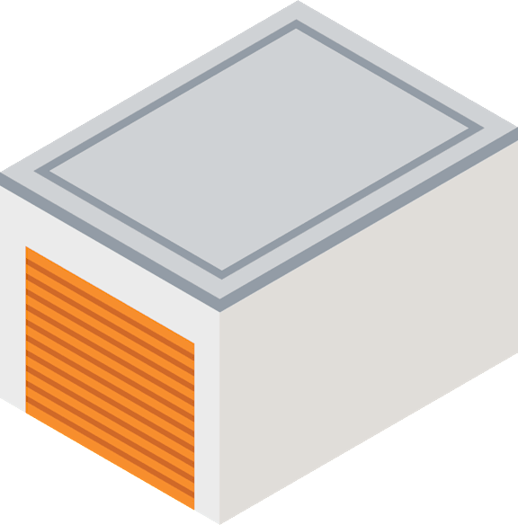 A 3D isometric image of a storage unit with an orange roll-up door.