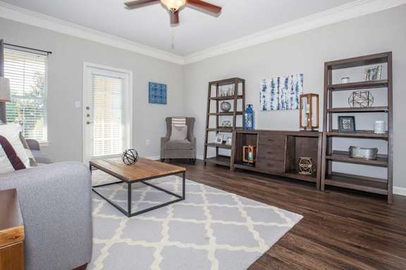 Living Room With Ceiling Fan at Carrington Place at Wildewood Apartments, Columbia South Carolina