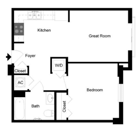 the floor plan of a small apartment with a kitchen and a living room