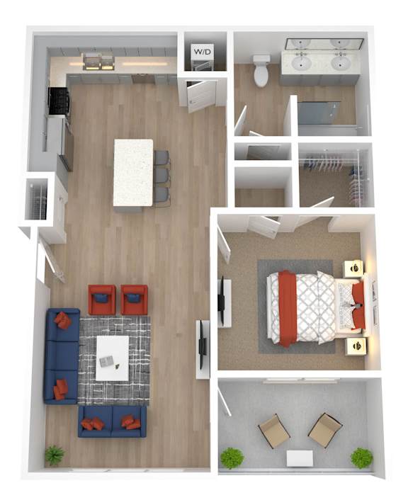 A floor plan of a small apartment with a living room, kitchen, and bedroom.