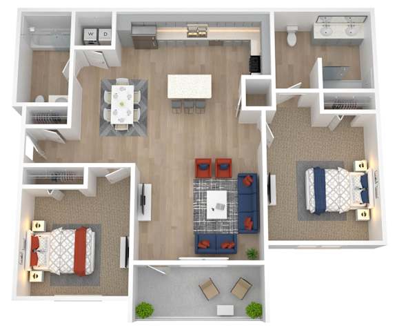 A top-down view of a small apartment with two bedrooms, a living room, and a kitchen.