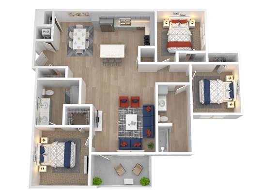 A top-down view of a small apartment with a kitchen, living room, and two bedrooms.