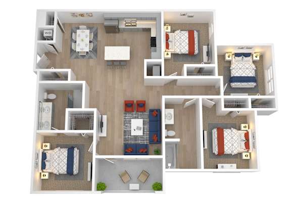 A 3D floor plan of a house with two bedrooms, a living room, a kitchen, and a bathroom.