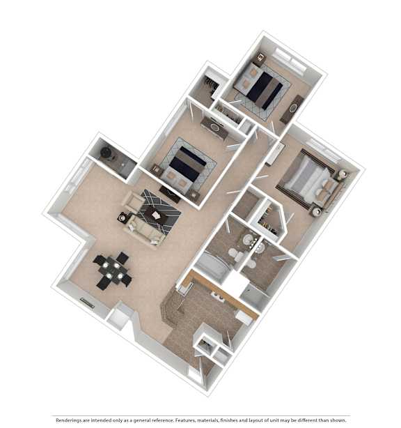 A floor plan of a house with a kitchen, living room, and two bedrooms.