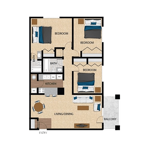 Floor Plan  3 bed 2 bath A at The Bristol Apartments, Greenville, South Carolina