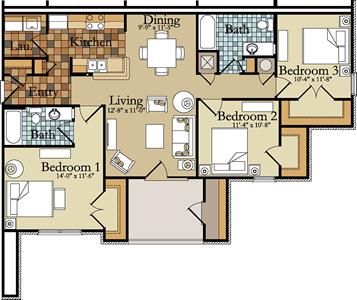 a floor plan of a house with bedrooms and a living room and a dining room