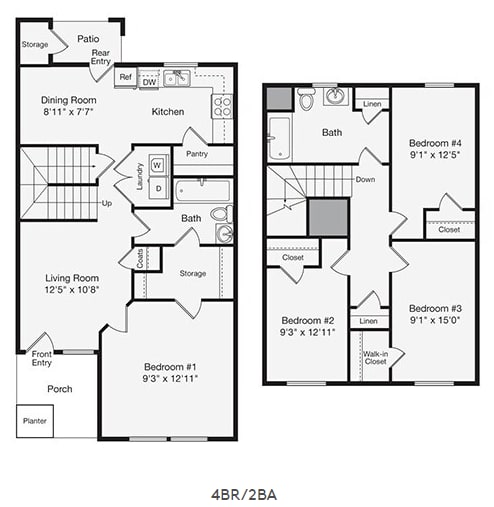 Floor Plan  4 bed 2 bath at Pendleton Townhomes Apartments, Durham, North Carolina