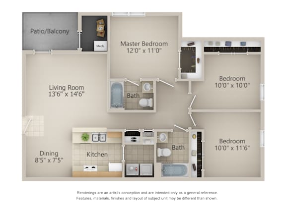 A floor plan of a home with a living room, dining room, kitchen, and three bedrooms.