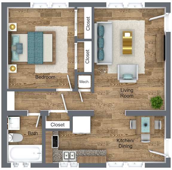 A floor plan of a house with a bedroom, bathroom, kitchen/dining area, living room, and two closets.