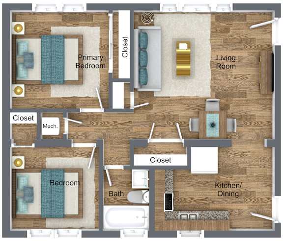 A floor plan of a house with two bedrooms, a living room, a kitchen/dining area, and two closets.