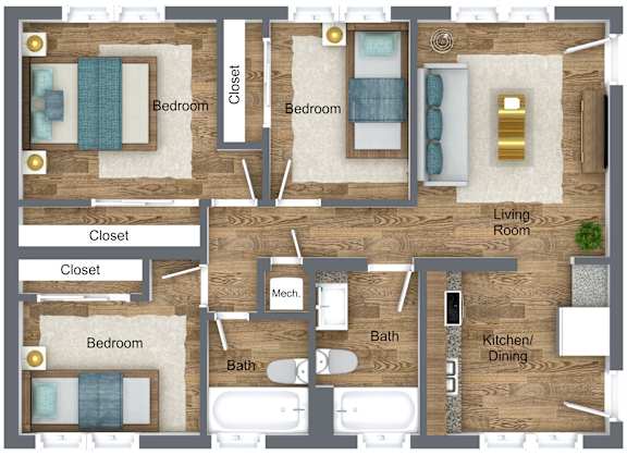 A floor plan of a house with two bedrooms, a living room, a kitchen/dining area, and a mechanical room.
