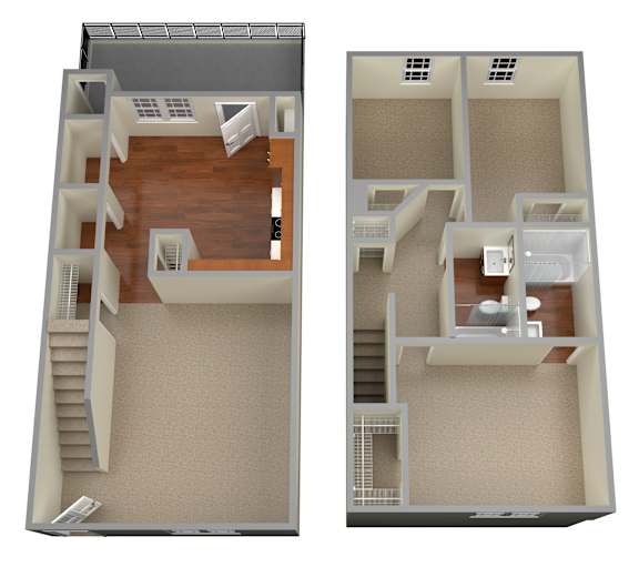 A 3D floor plan of a house with two rooms and a staircase.