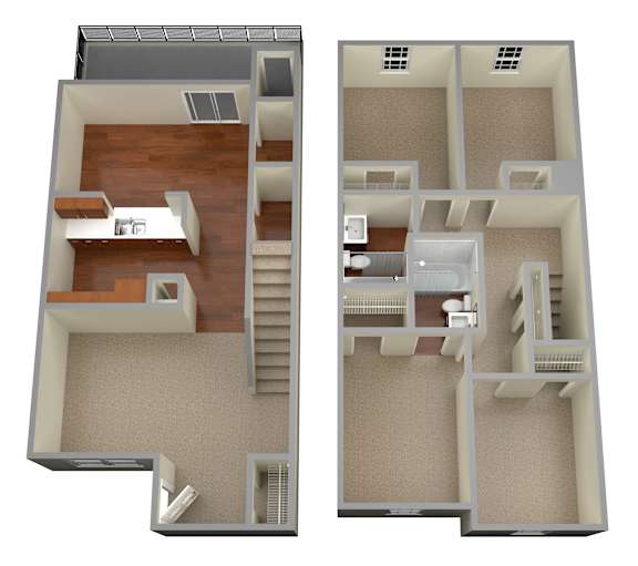 A 3D floor plan of a house with two levels.