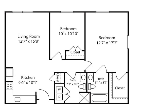 Floor Plan  2 Bed 1 Bath Glenview II at Gardens of Traville, Rockville, MD, Maryland