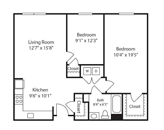 Floor Plan  2 Bed 1 Bath Glenview III at Gardens of Traville, Rockville