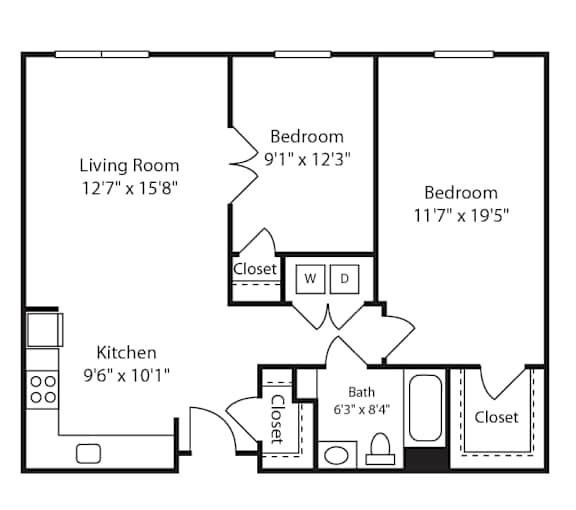 Floor Plan  2 Bed 1 Bath Glenview IV at Gardens of Traville, Rockville, Maryland
