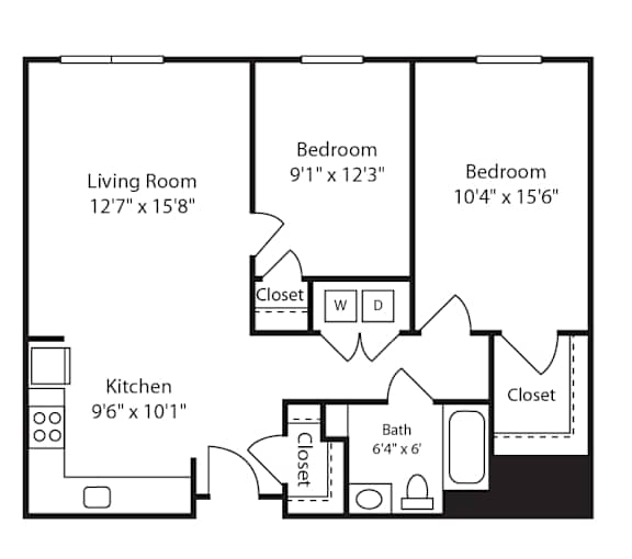 Floor Plan  2 Bed 1 Bath Glenview IX at Gardens of Traville, Rockville, MD