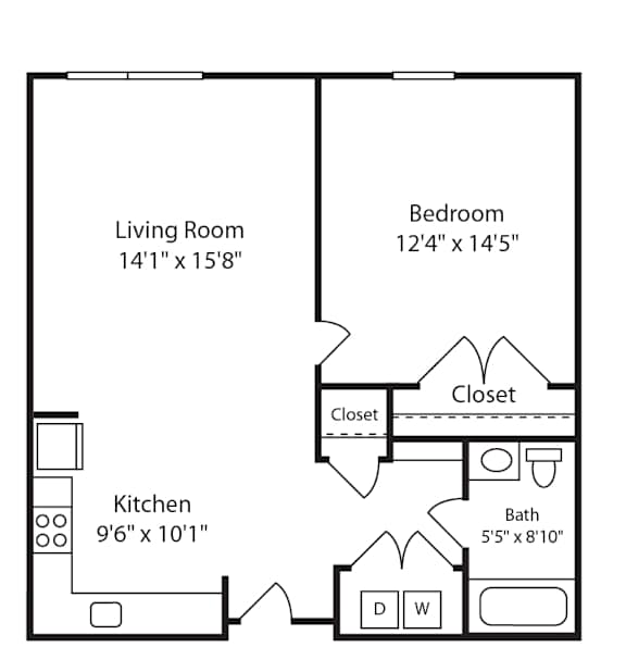 Floor Plan  1 Bed 1 Bath Montgomery II at Gardens of Traville, Rockville, 20850