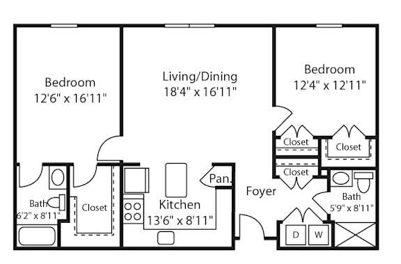 Floor Plan  2 Bed 2 Bath Strathmore II at Gardens of Traville, Rockville, MD, Maryland