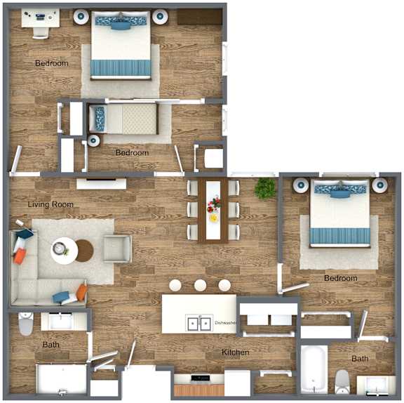 A floor plan of a house with three bedrooms, a living room, a kitchen, a bath, and a dining area.