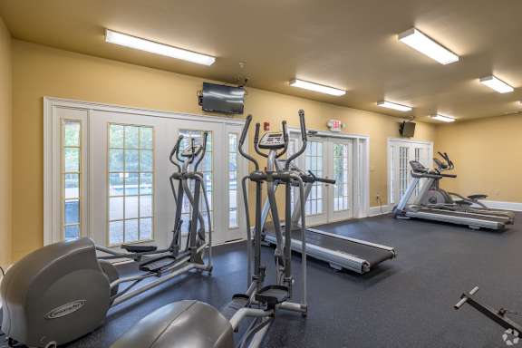 a gym with cardio equipment and windows at Magnolia Lake Apartments, Georgia 30117
