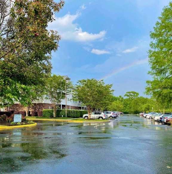 A parking lot with cars and trees on a sunny day at Greenbrier Seniors Apartments, Chesapeake, Virginia